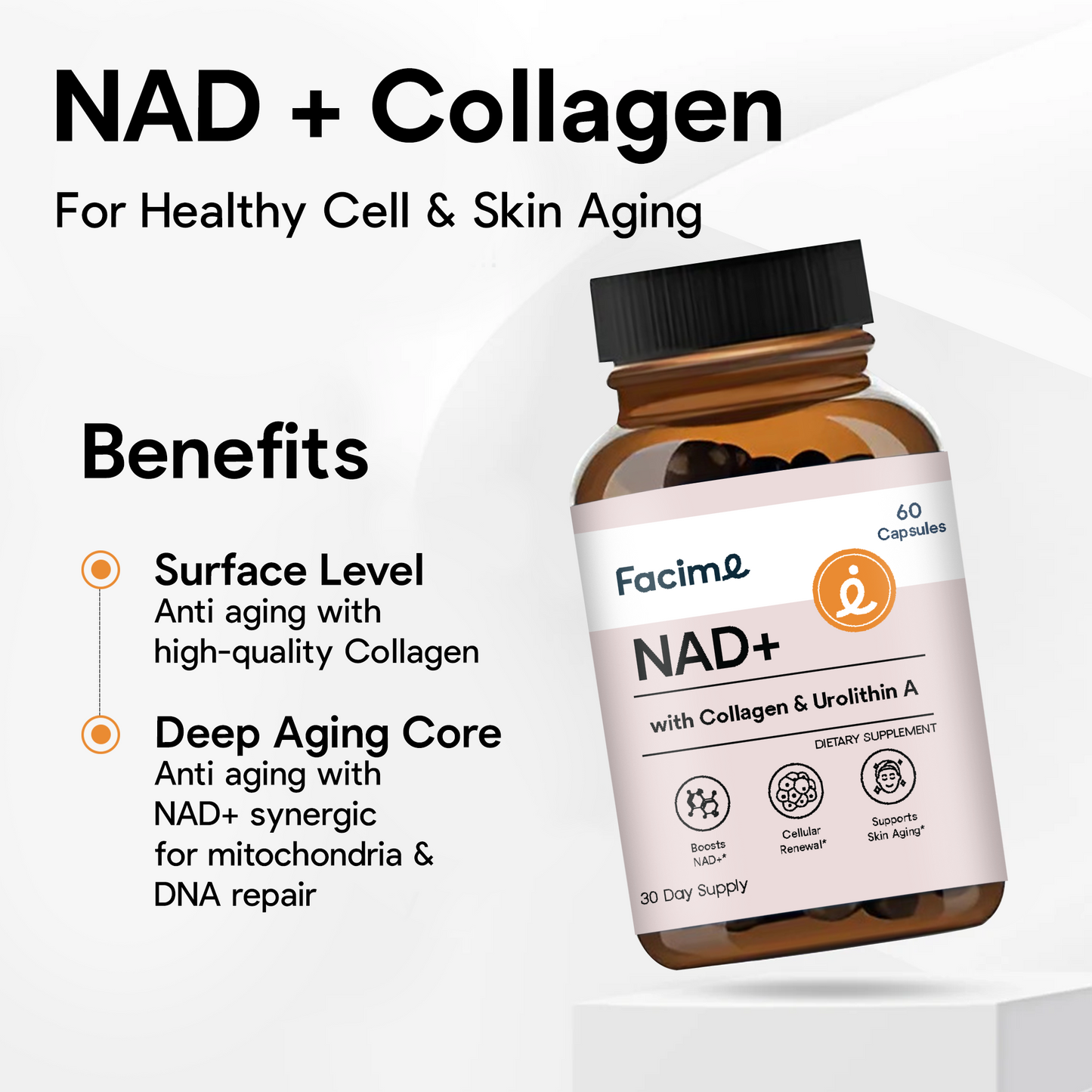 NAD+ 1000MG - Deep Skin Anti-Aging - with Collagen Peptites - Made in USA, 60 Vegan Capsules