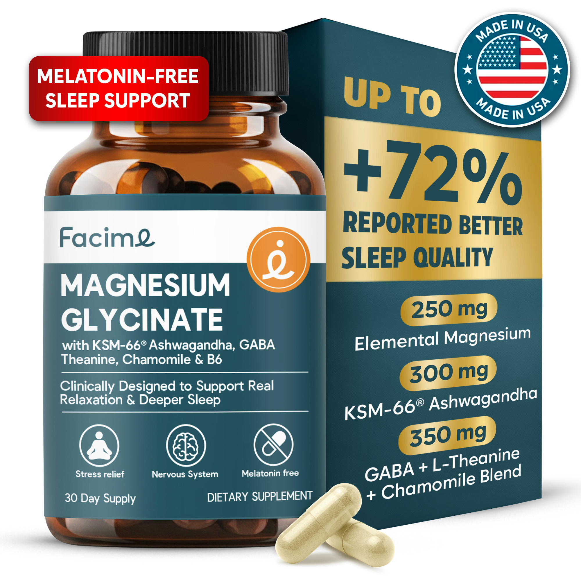 Natural Chelated Magnesium Glycinate Sleep Aid - Melatonin-Free Sleep & Stress Relief with KSM-66 Ashwagandha, GABA, L-Theanine & Chamomile for Muscle Relaxation - Made in USA - 90 Capsules