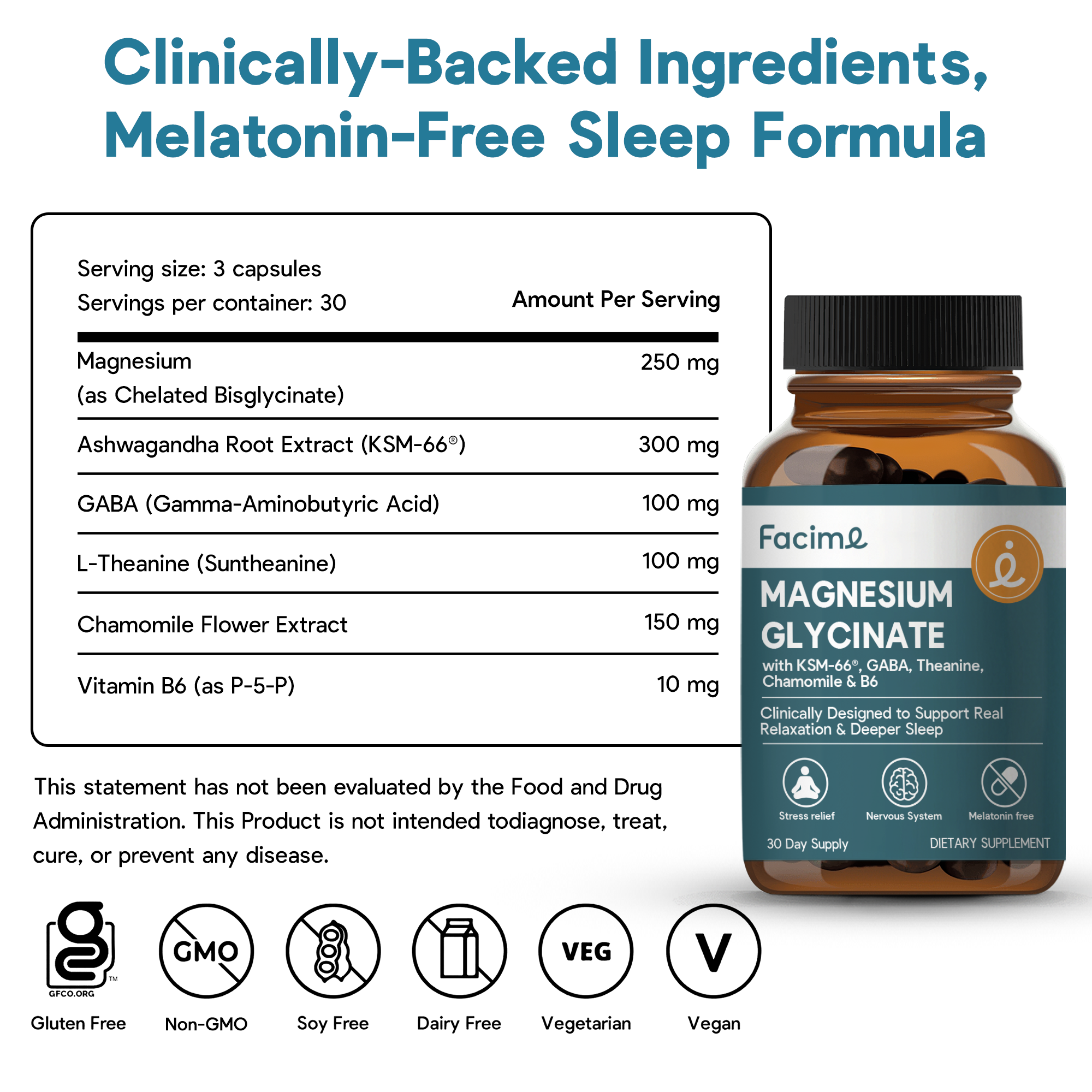 Magnesium Glycinate Sleep Support with Ashwagandha, GABA, L-Theanine & Chamomile - Stress Relief, Melatonin-Free, Vegan, Made in USA, 90 Capsules