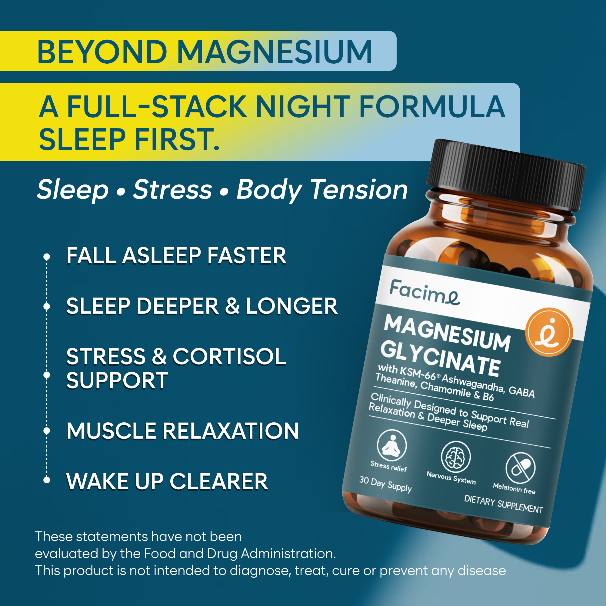 Facime Magnesium Glycinate supplement bottle with product benefits on a blue background