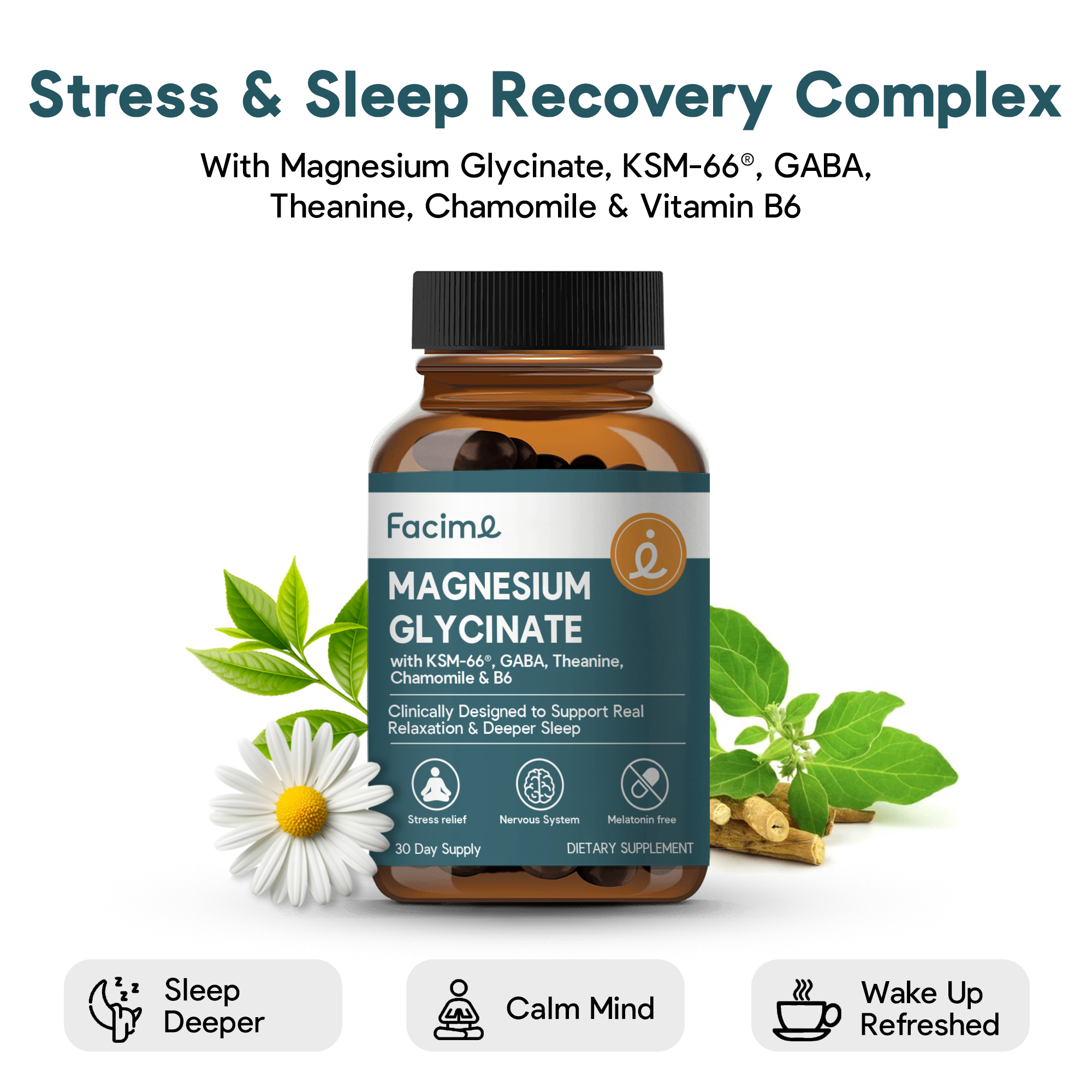 Stress and Sleep - Premium Chelated Magnesium Glycinate with Ashwagandha & GABA - Deep Stress Recovery & Sleep Quality - Made in USA - 90 Capsules