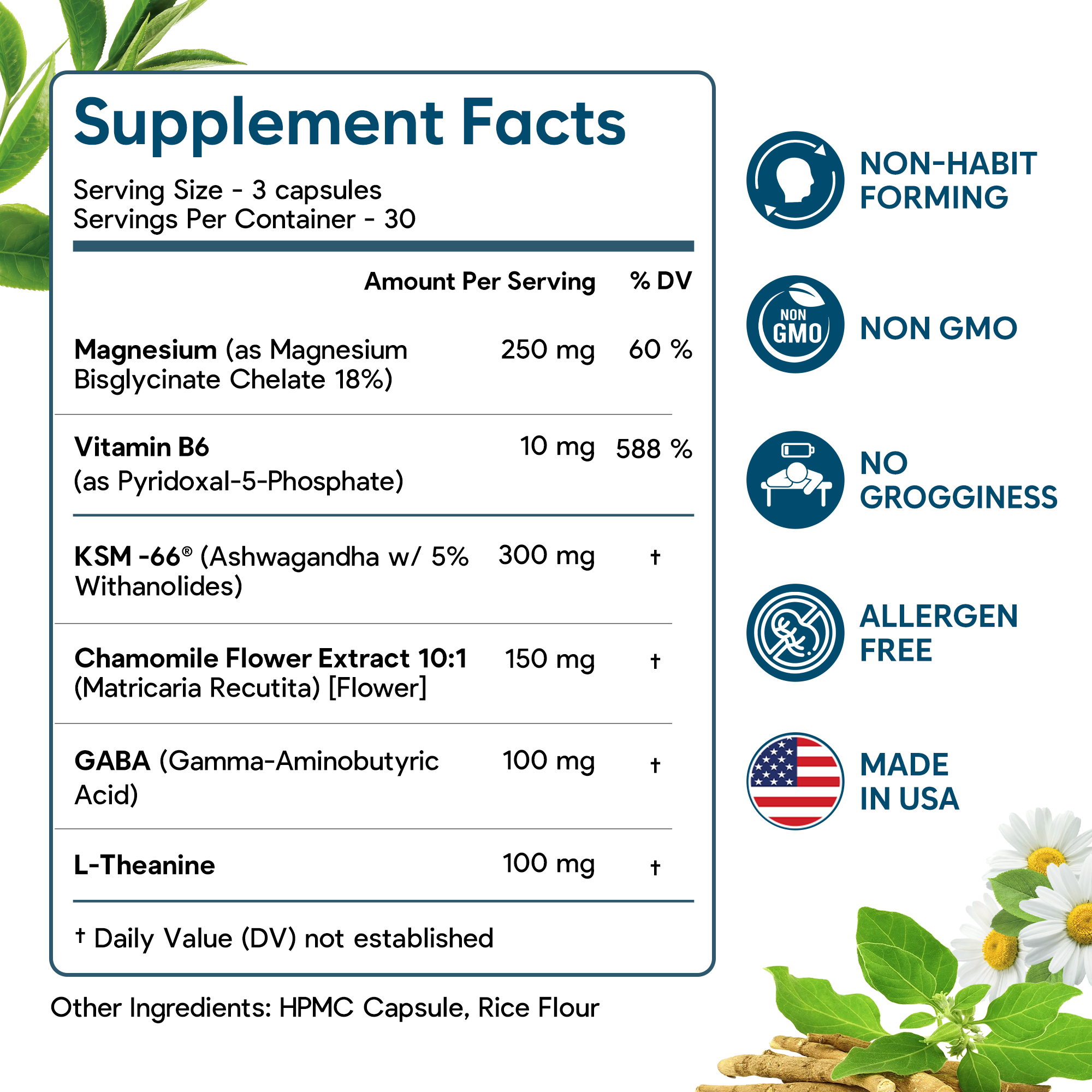 Supplement facts label with various health benefits and ingredients on a white background.