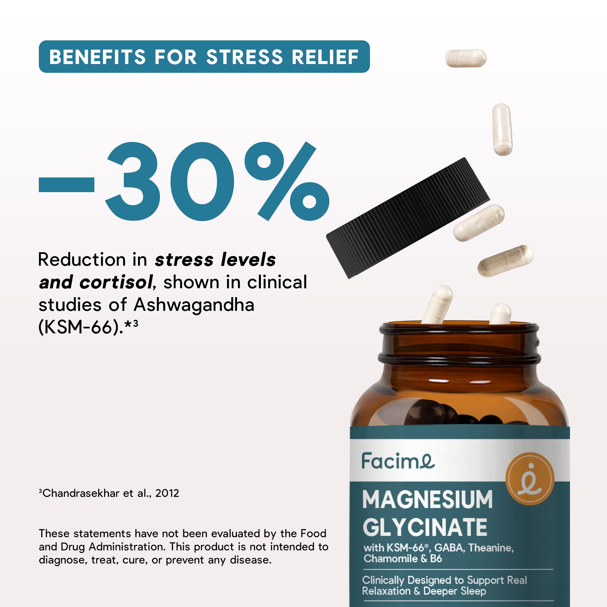 Magnesium Glycinate Sleep Support with Ashwagandha, GABA, L-Theanine & Chamomile - Stress Relief, Melatonin-Free, Vegan, Made in USA, 90 Capsules