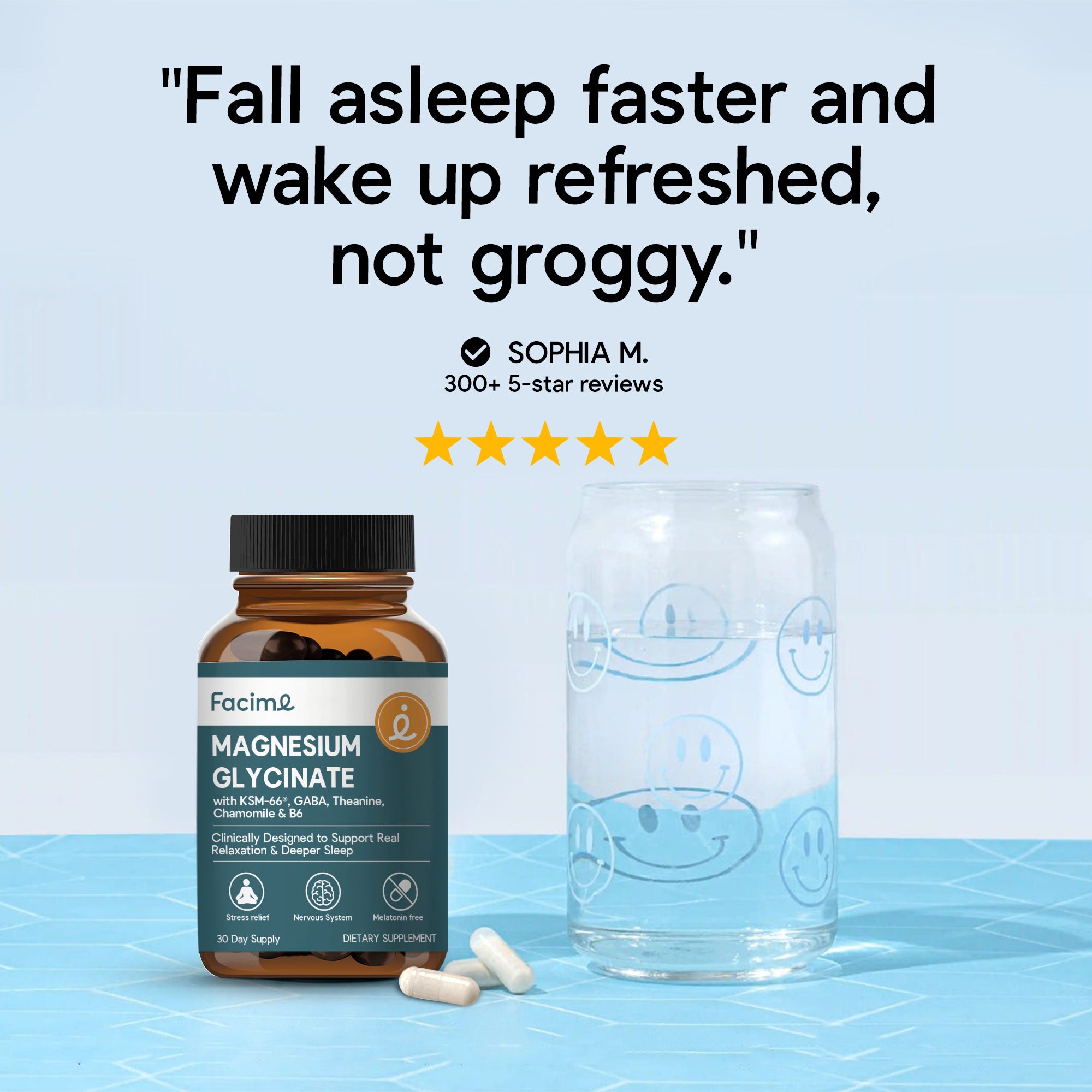 Magnesium Glycinate Sleep Support with Ashwagandha, GABA, L-Theanine & Chamomile - Stress Relief, Melatonin-Free, Vegan, Made in USA, 90 Capsules